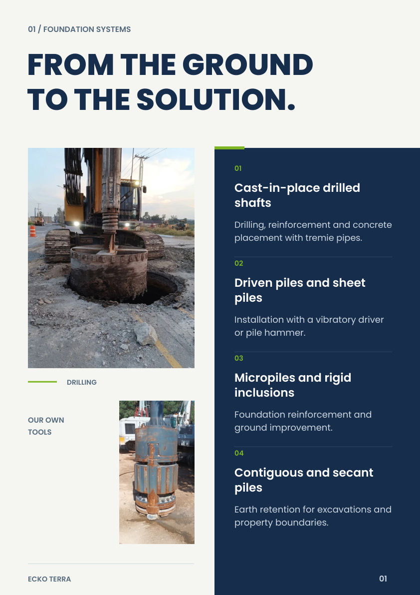 Left-hand inside page: From ground conditions to the solution. Drilled shafts, piles, micropiles, inclusions and earth retention.